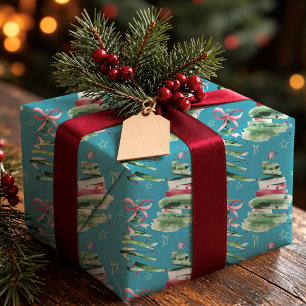 Sweet Pink Aqua Coquette Christmas Bows Wrapping Paper