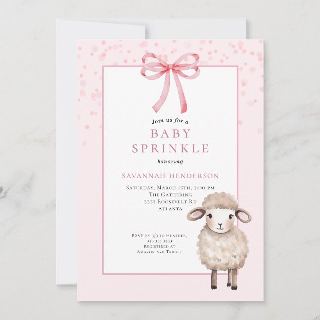 Sweet Pink Baby Sprinkle with Bow & Cute Lamb  Invitation (Front)
