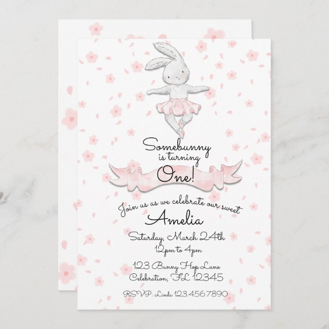 Sweet Pink Ballerina Bunny First Birthday Floral Invitation (Front/Back)
