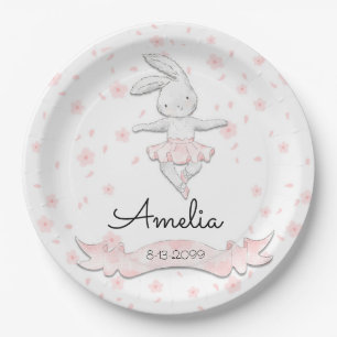 Sweet Pink Ballerina Bunny First Birthday Floral Paper Plate