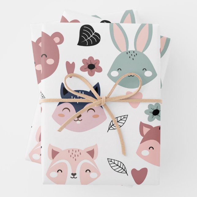 Sweet Pink Bear Fox And Bunny Forest Wrapping Paper Sheet (In situ)