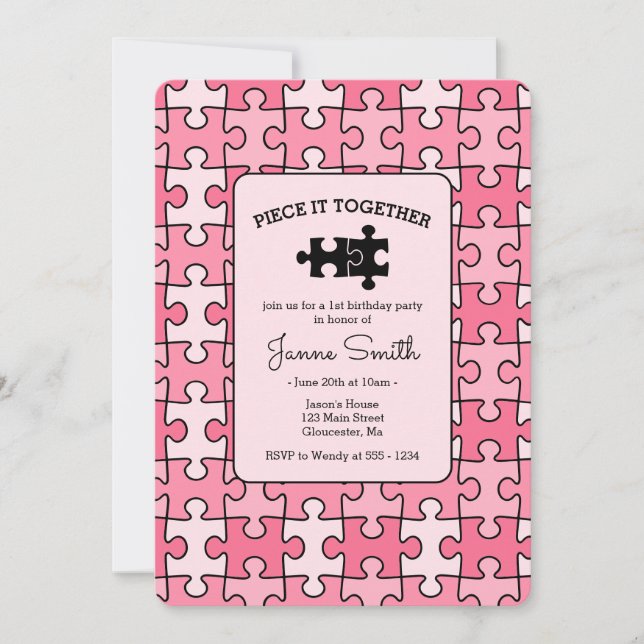 Sweet Pink Black Piece It Together Puzzle Birthday Invitation (Front)