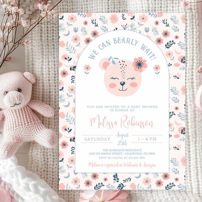Sweet Pink Blue Bear Girl Bearly Wait Baby Shower Invitation (You can change the background color on the front and back of this adorable "bearly wait" invitation.)