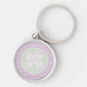 Sweet Pink bow and plaid Welcome Little One Key Ring