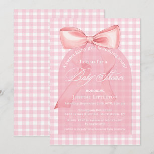 Sweet Pink Bow Gingham Arch Girl Baby Shower Invitation