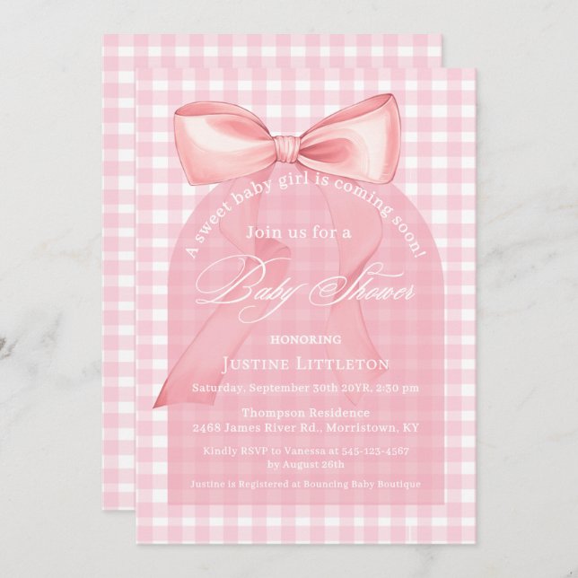 Sweet Pink Bow Gingham Arch Girl Baby Shower Invitation (Front/Back)