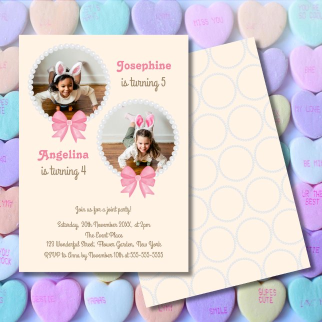 Sweet Pink Bow Pearl Photo Girl Joint Birthday  Invitation (Creator Uploaded)