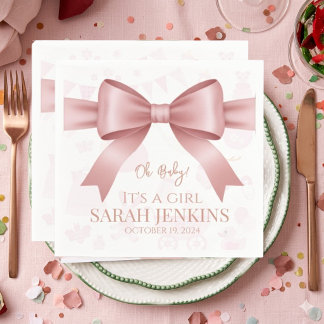 Sweet Pink Bow & Ribbon Girl Baby Shower Napkin