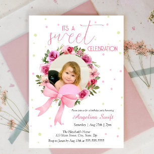 Sweet Pink Bow Rose Floral Photo Birthday Invitation
