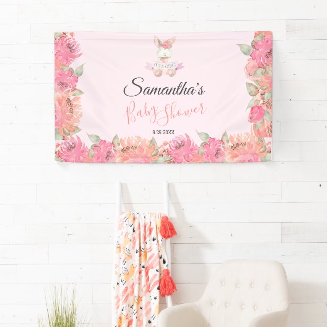 Sweet Pink Bunny Boho Watercolor Girl Baby Shower Banner (Insitu)
