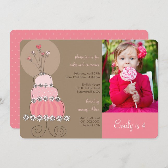 Sweet Pink Cake Girl Birthday Party Photo Invite (Front/Back)