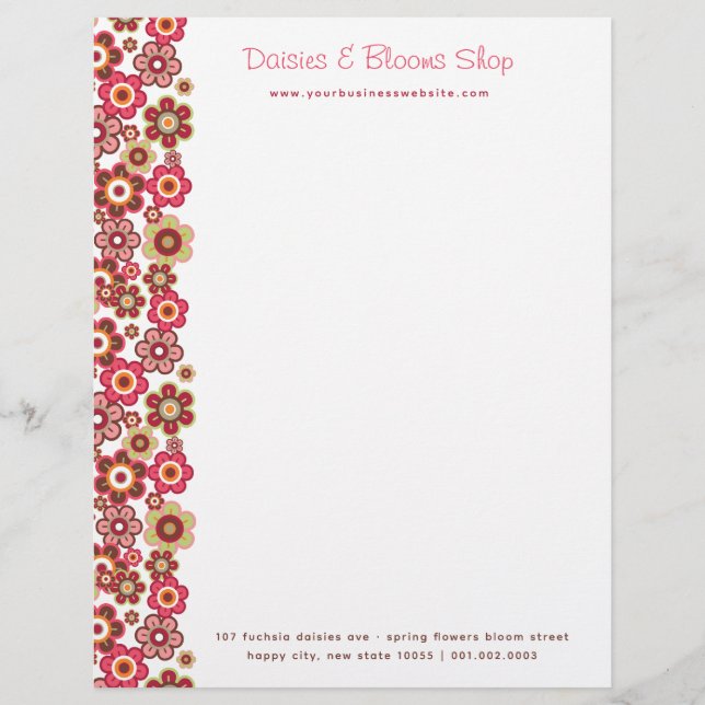 Sweet Pink Candy Daisies Flowers Girly Pattern Fun Letterhead Template (Front)