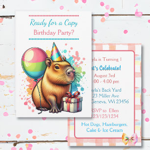 Sweet Pink Capybara Themed Girl's Birthday Party Invitation