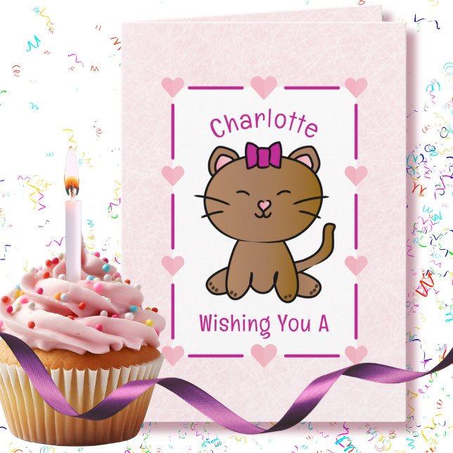 Sweet Pink Cat Cartoon Adorable Kitten Birthday Card (Creator Uploaded)
