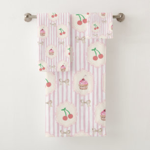 Sweet pink Cherries Cupcakes Striped retro artwork Bath Towel Set