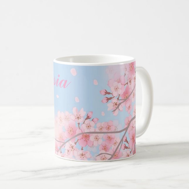 Sweet pink cherry blossoms with your name coffee mug (Front Right)