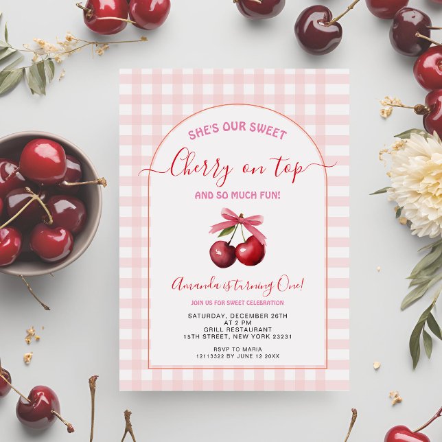  Sweet Pink Cherry On Top First Birthday Invitation (Creator Uploaded)