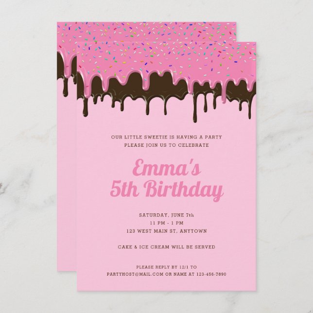 Sweet Pink + Chocolate Icing Ice Cream Birthday In Invitation (Front/Back)