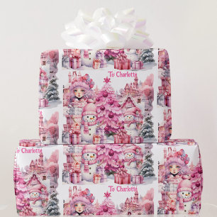 Sweet Pink Christmas Add Girl's Name Snowman Tree Wrapping Paper