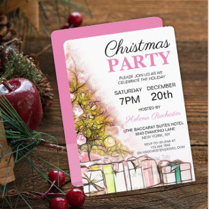 Sweet Pink Christmas Tree & Presents Holiday Invitation