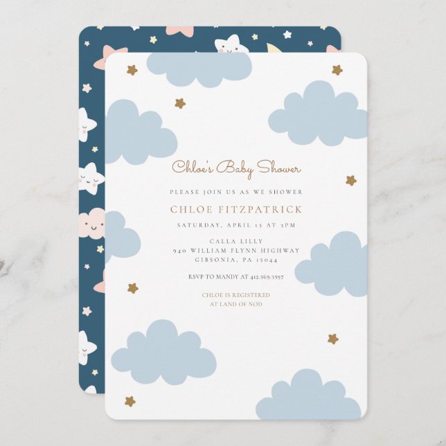 Sweet Pink Clouds Baby Shower Invitation Blue (Front/Back)