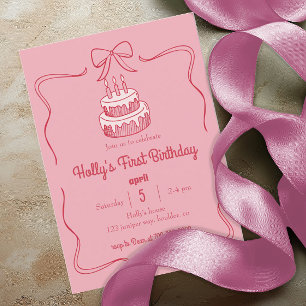 Sweet Pink Coquette Bow 1st Birthday Round Cake Invitation