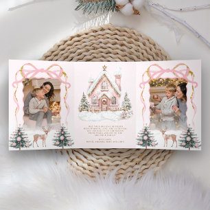 Sweet Pink Coquette Bow Christmas Wonderland Photo Tri-Fold Holiday Card