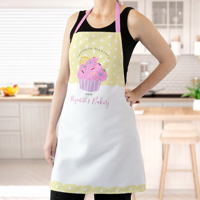 Sweet Pink Cupcake Bakery Dessert Yellow Custom Apron (Creator Uploaded)