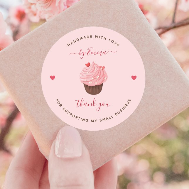 Sweet Pink Cupcake Bakery Treat Handmade Thank You Classic Round Sticker (Creator Uploaded)
