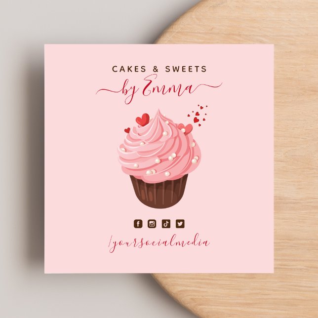 Sweet Pink Cupcake Modern Baker Social Media Treat Square Business Card (Creator Uploaded)