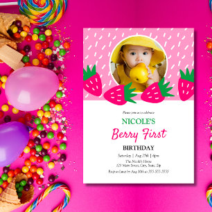 Sweet Pink Cute Strawberry Girl Photo 1st Birthday Invitation