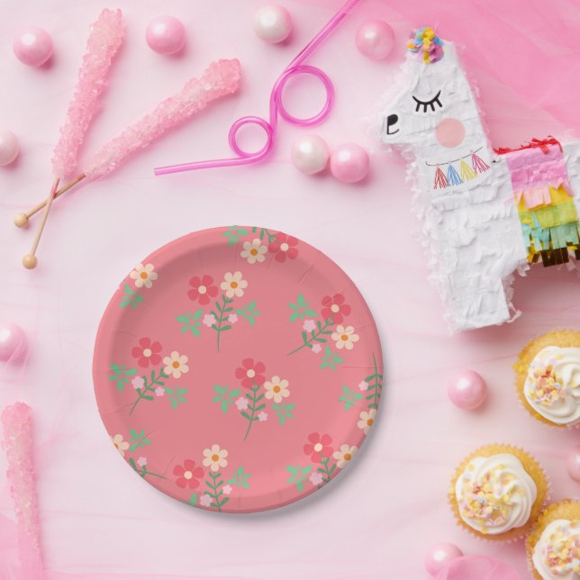 Sweet Pink Daisy Bouquet Retro Pattern Paper Plate (Party)