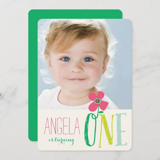 Sweet Pink Daisy Pop Chic Girl 1st Birthday Photo Invitation (Front/Back)