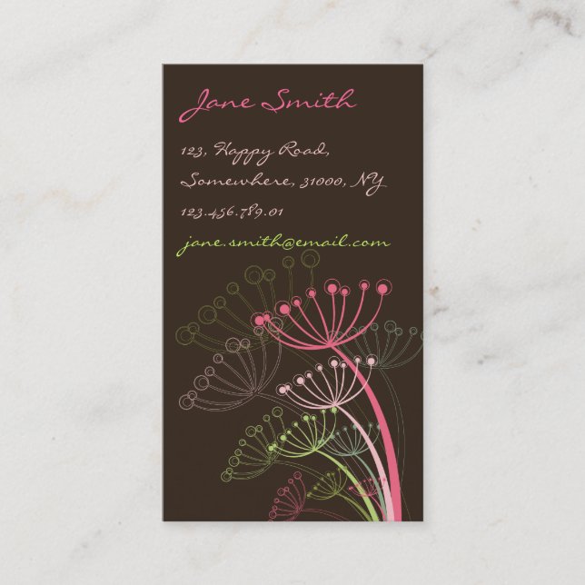 Sweet Pink Dandelion Flowers Modern Elegant Chic Business Card (Front)