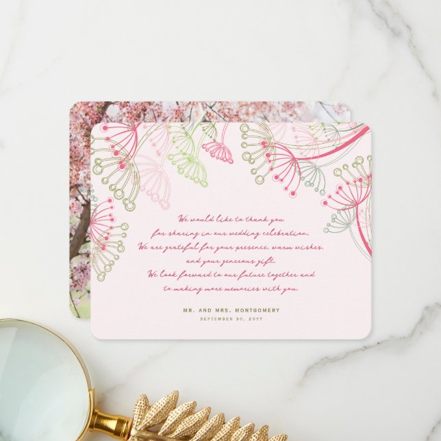 Sweet Pink Dandelion Flowers Spring Wedding Photo Thank You Card (Front/Back In Situ)