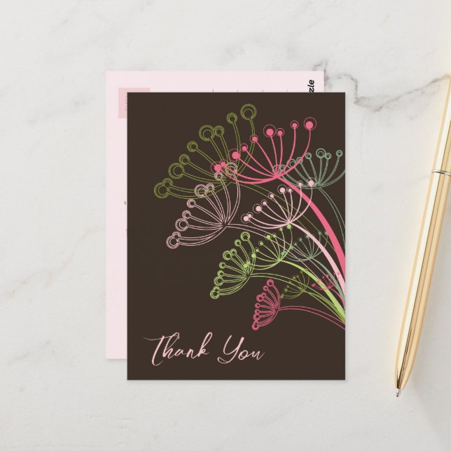 Sweet Pink Dandelions Flower Whimsical Thank You Postcard (Front/Back In Situ)