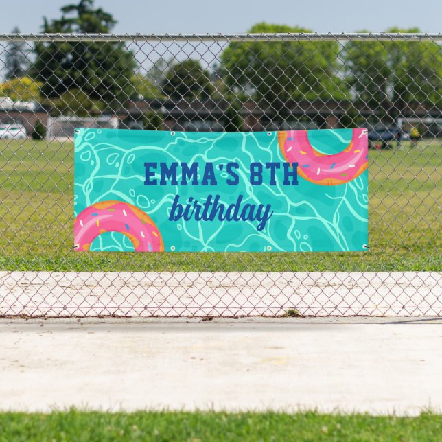 Sweet Pink Doughnut Blue Water Pool Party Birthday Banner (Insitu)
