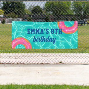 Sweet Pink Doughnut Blue Water Pool Party Birthday Banner