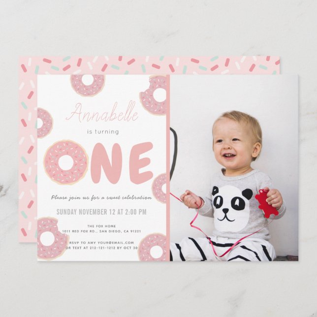 Sweet Pink Doughnut Girl Photo 1st Birthday Invitation (Front/Back)