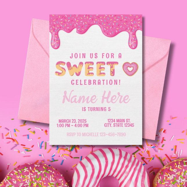 Sweet Pink Doughnut Sprinkles Girls Birthday Invitation (Creator Uploaded)