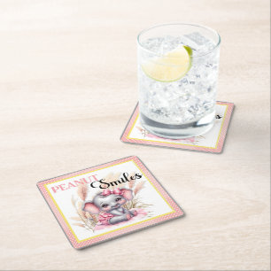 Sweet Pink Elephant - Peanut Smiles Square Paper Coaster