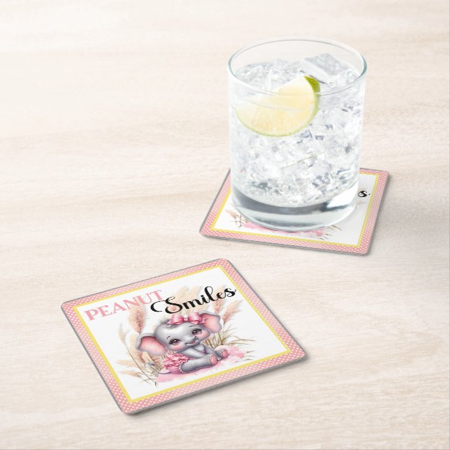 Sweet Pink Elephant - Peanut Smiles  Square Paper Coaster (Insitu)