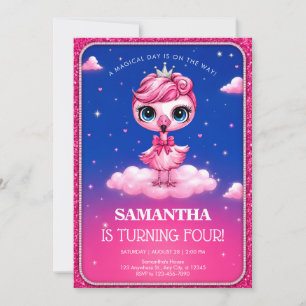 Sweet Pink Flamingo Turning Four Birthday Party Invitation