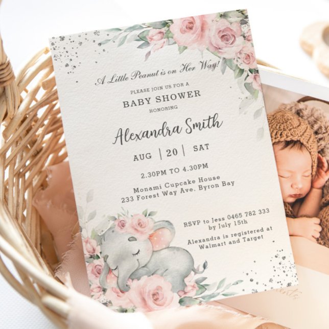 Sweet Pink Floral Adorable Elephant Baby Shower Invitation (Creator Uploaded)
