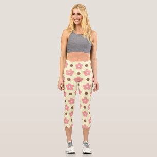 Sweet Pink Floral and Brown Polkadot Retro Capri Leggings