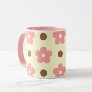Sweet Pink Floral and Brown Polkadot Retro Mug