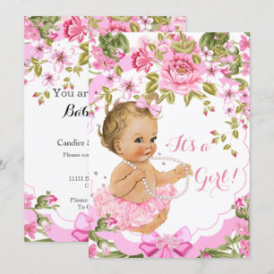Sweet Pink Floral Baby Shower Girl Blonde Tutu Invitation