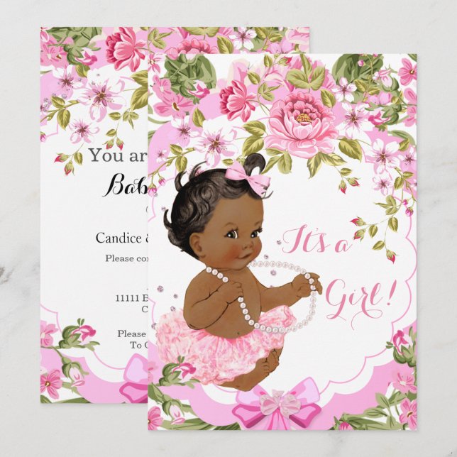 Sweet Pink Floral Baby Shower Girl Ethnic Tutu Invitation (Front/Back)