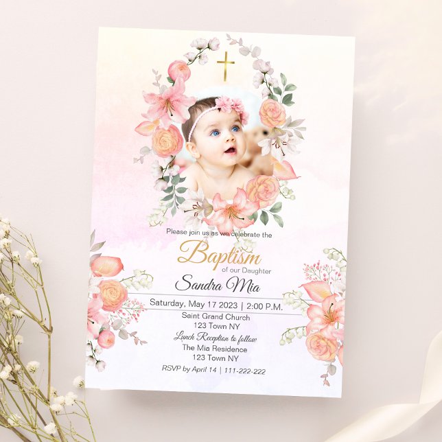 Sweet Pink Floral Baptism Invitation (Sweet Pink Floral Baptism Invitation )