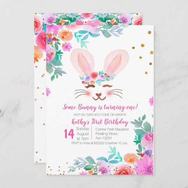 Sweet Pink Floral Bunny 1st Birthday Invitation (Front/Back)